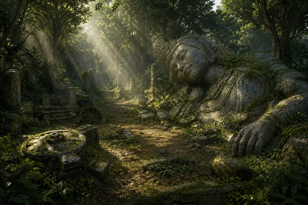 A sunlit, overgrown forest shrine with a great fallen stone statue among the ferns.