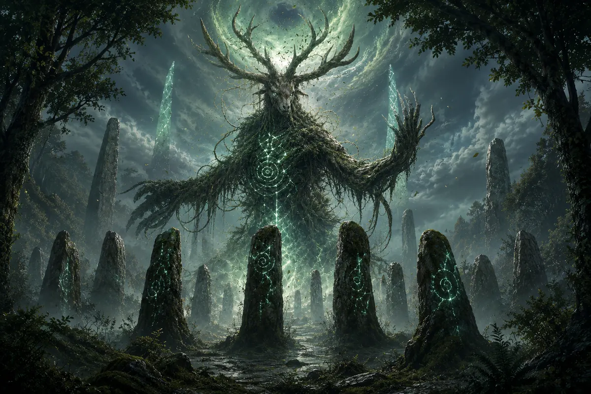A towering antlered forest spirit glowing green above a ring of rune-carved standing stones.
