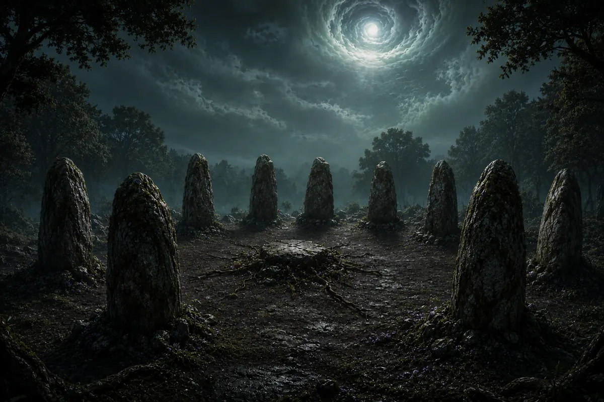 A ring of standing stones under a swirling night sky in a dark forest clearing.