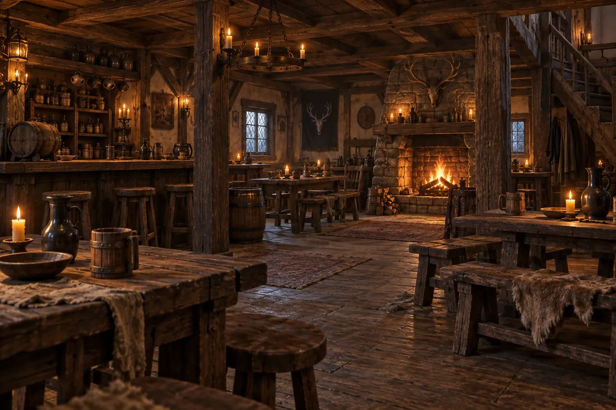 A warm, candlelit tavern room with a fire in the hearth, wooden tables and benches.