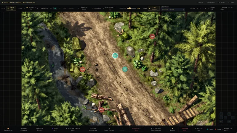 The battle map: an overhead forest road beside a stream, with two party tokens on the road and three wolf tokens closing in from the trees.