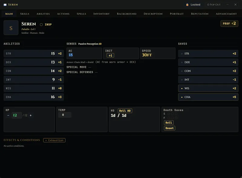 A level 1 paladin's character sheet showing ability scores, armour class, saving throws, hit points, hit dice and death saves.