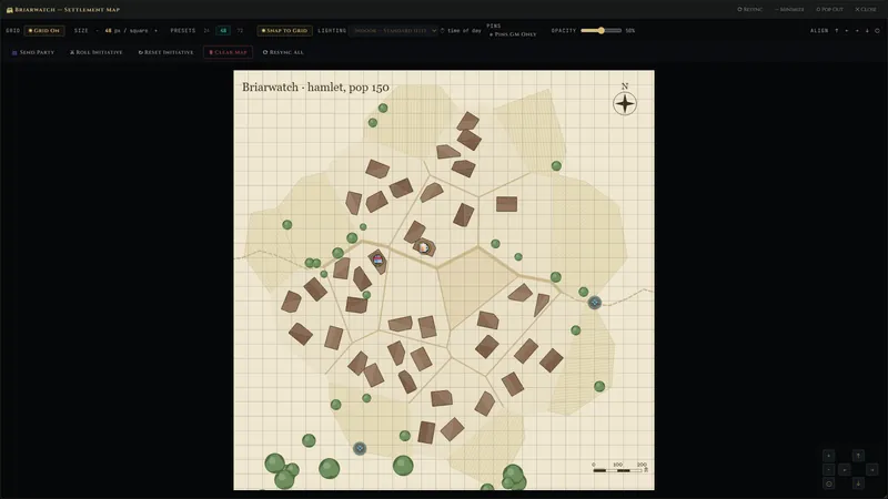The settlement map of Briarwatch, a hamlet of 150, showing buildings, lanes, fields and pins for places of interest.