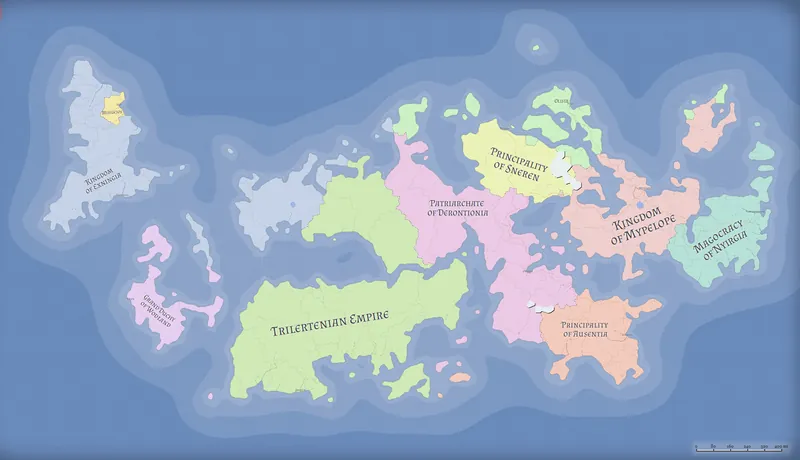 A generated world map with coastlines, islands and coloured states such as kingdoms, principalities and an empire.